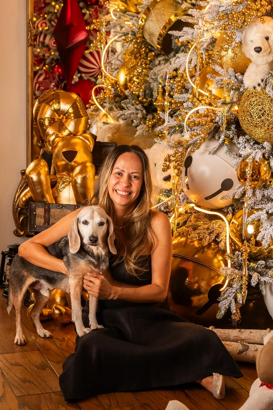 Cira with dog and christmas tree